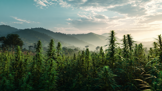 hemp field in the morning light with misty mountains in the background.