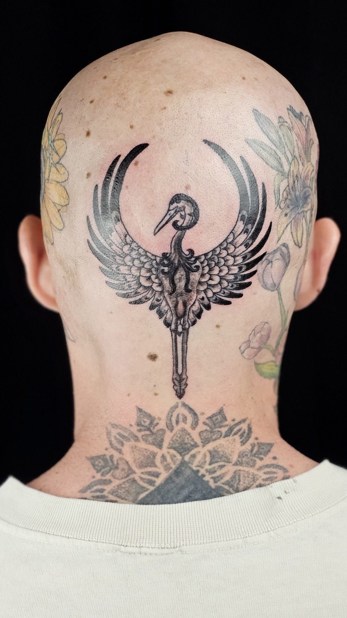 Crane with spread wings tattooed on the back of a shaved head by Jungle Earth Tattoos