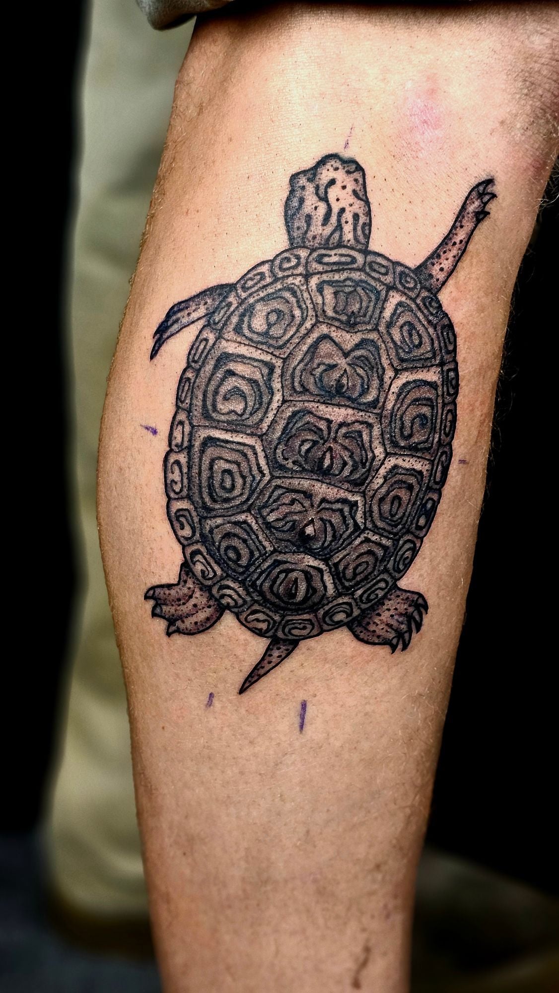 Polynesian-style sea turtle tattoo on a calf by Jungle Earth Tattoos